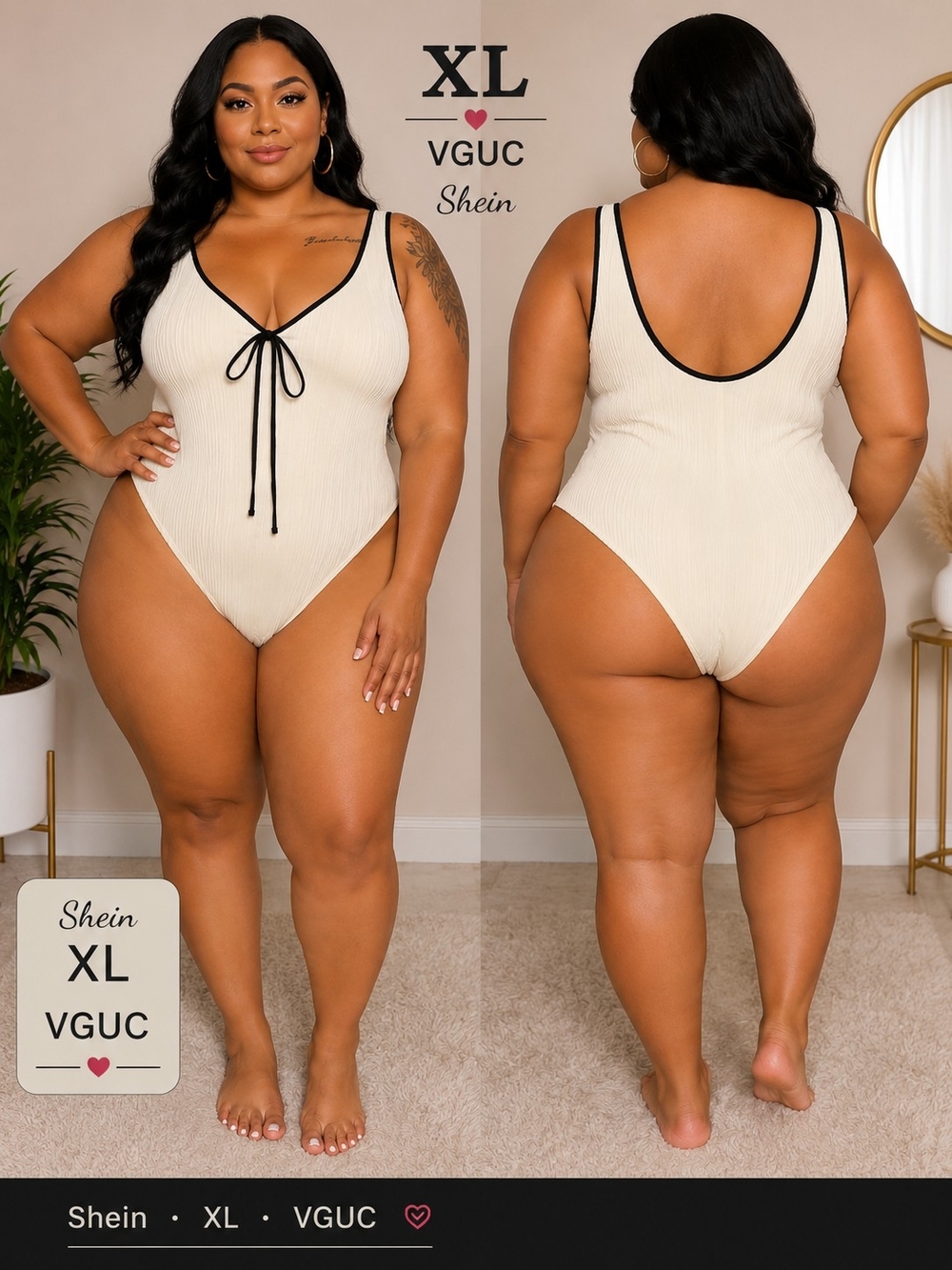 SHEIN Cream Ribbed One-Piece Bodysuit with Black Trim